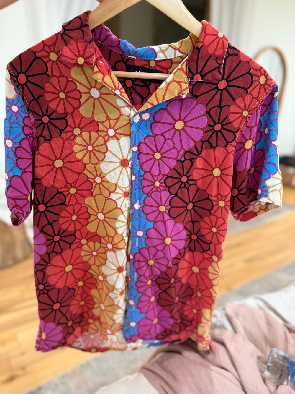 Men’s Floral Button-Up Shirt in Beige, Tan, Red, Purple & Blue